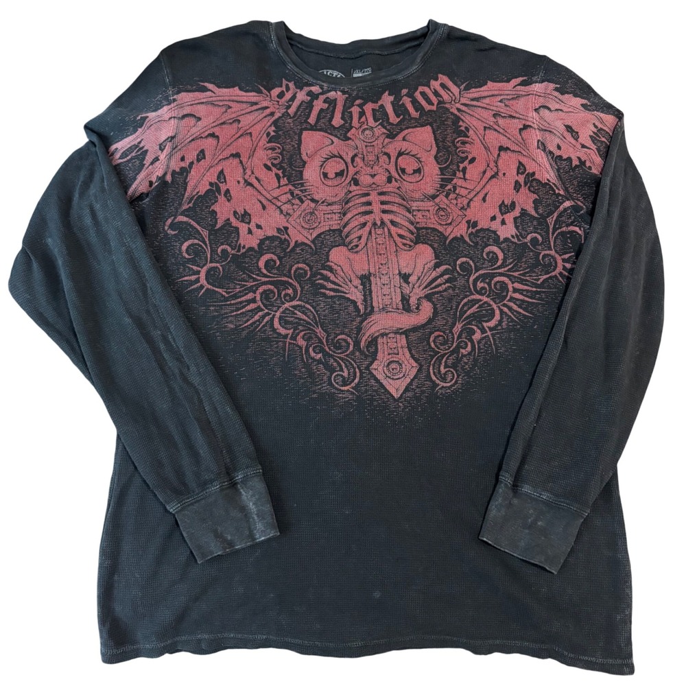 Affliction x Rogue Bat Long Sleeve Thermal Shirt Black 2X Goth Y2K Biker Grunge